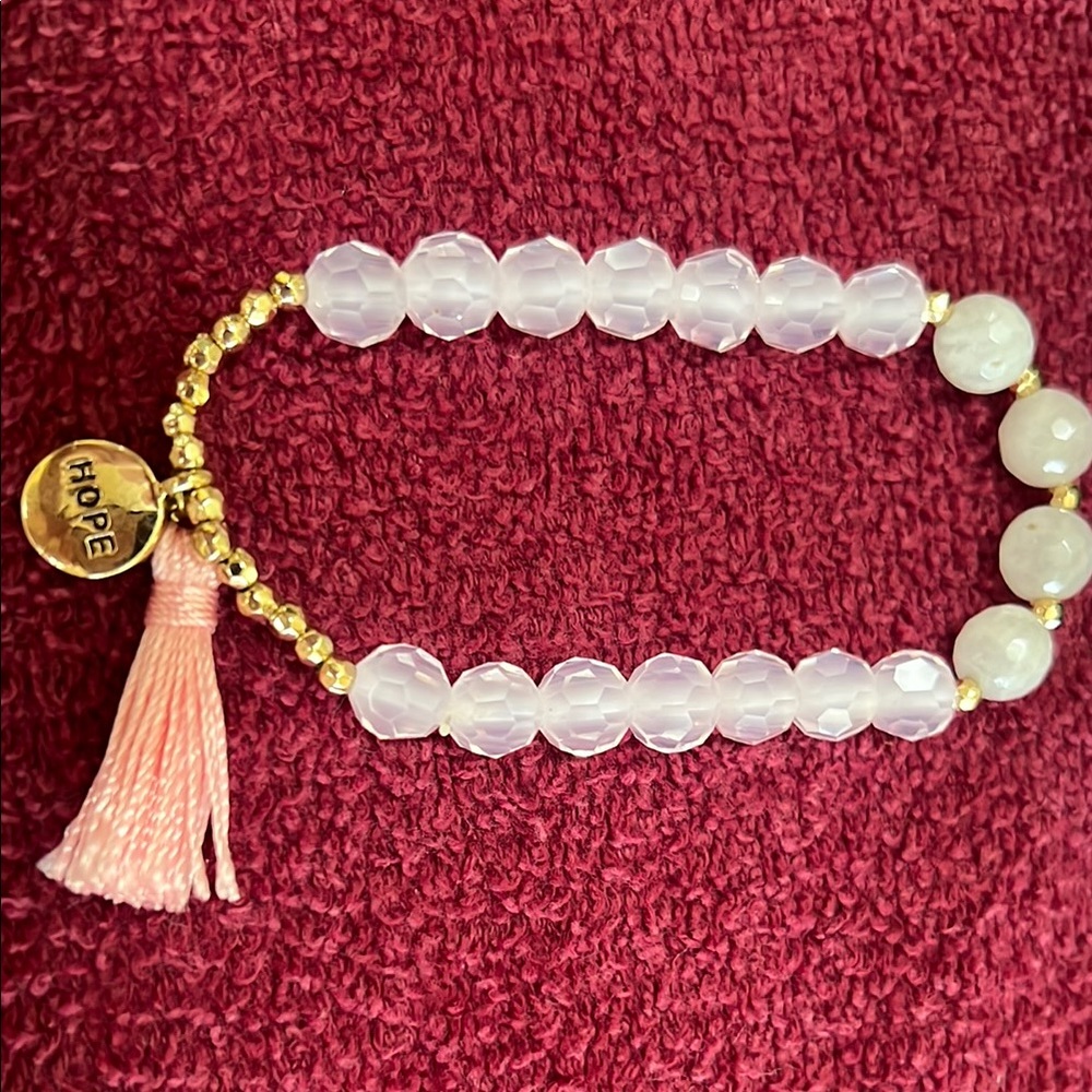 Avon Pink Hope Gold and Rose Quartz Beaded Bracelet with Hope Charm